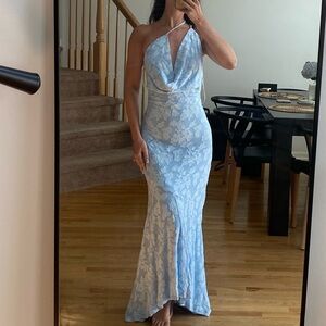 One shoulder cowl neck patterned high low blue maxi dress